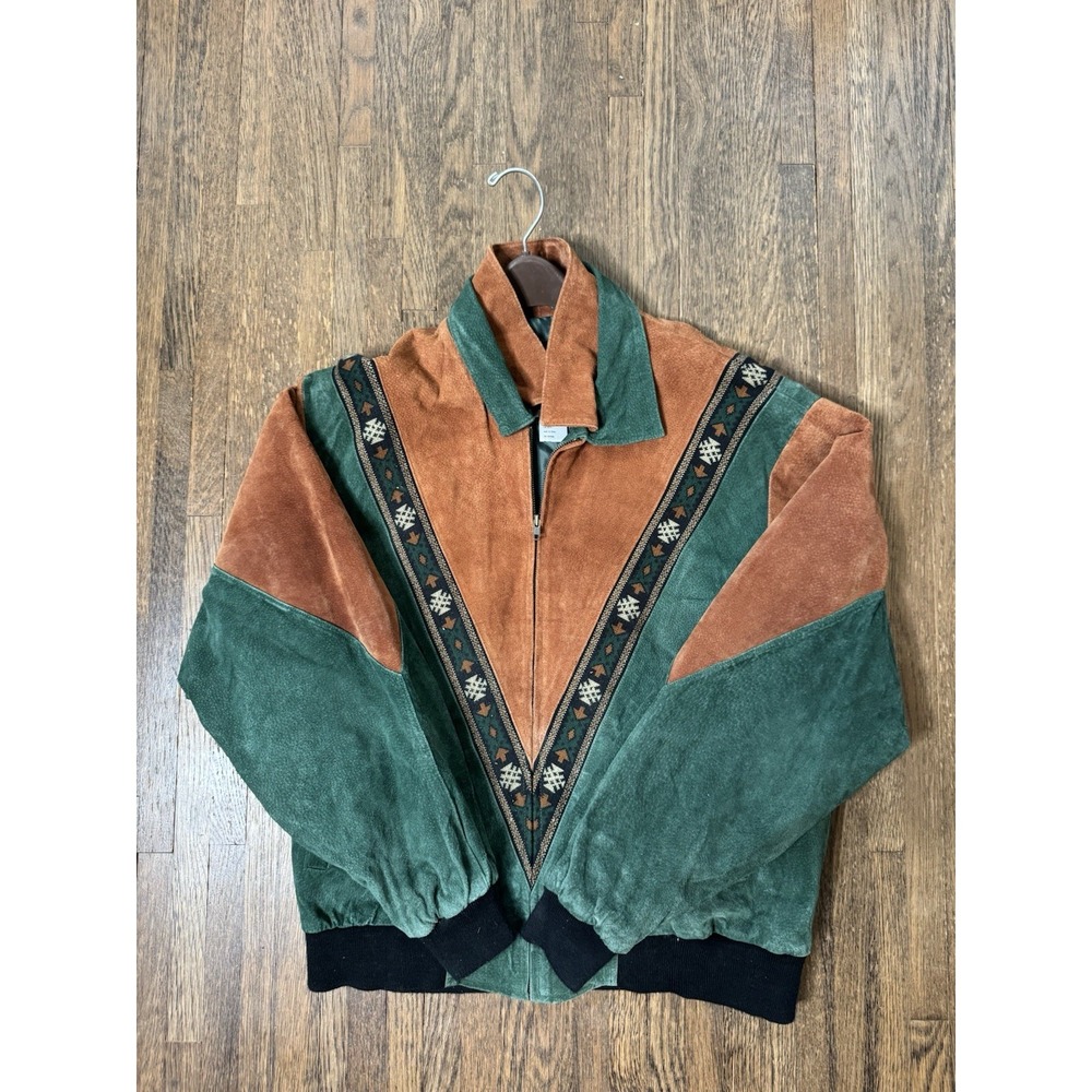 Cripple Creek Mens Suede Leather Jacket Large Green Brown Aztec Southwestern